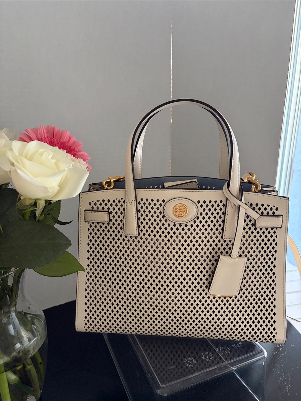 Tory Burch Perforated Cream Leather Satchel with Gold Hardware